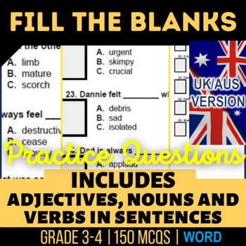 Preview of Fill the Blanks Workbook: Nouns, Verbs, Adjectives in Sentences UK/AUS Spelling