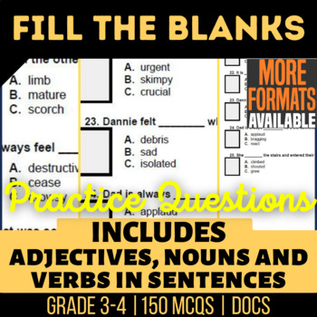 Preview of Fill the Blanks Worksheets Nouns Verbs Adjectives in Sentences 3rd and 4th Grade