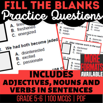 Preview of Fill the Blanks Worksheets Nouns Verbs Adjectives in Sentences 5th and 6th Grade