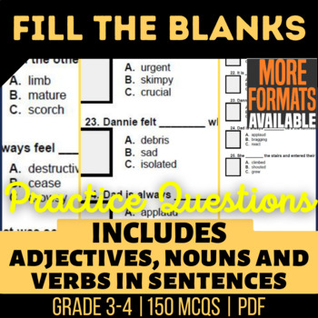 Preview of Fill the Blanks Worksheets Nouns Verbs Adjectives in Sentences Multiple Choice