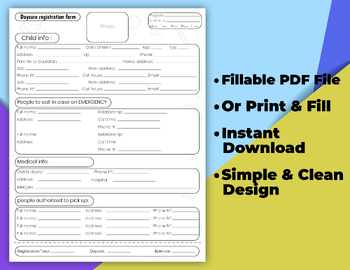 Preview of Fillable Childcare Registration Form, Nursery & Preschool, childcare Business.