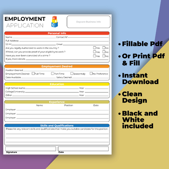 Preview of Fillable Daycare Employee Application Form. Child Care Business Forms.