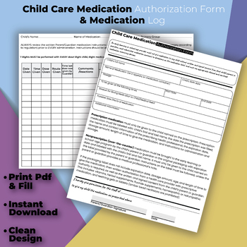 Preview of Fillable Daycare Medication Authorization Form, Medication Log for Preschool.