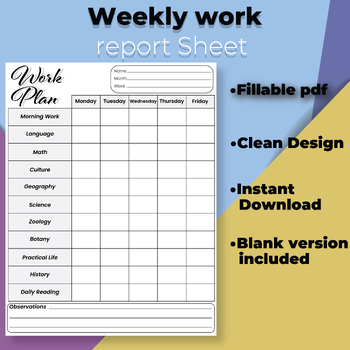 Preview of Fillable Montessori Weekly Work Plan. Blank Weekly Work Plan for Educators.