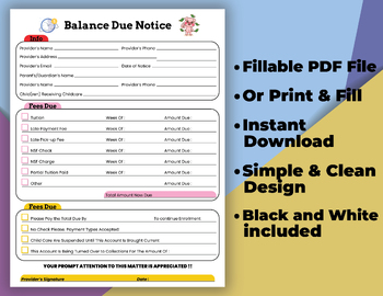 Preview of Fillable & Printable Daycare - Child Care Balance Due Notice Form. Late Payment