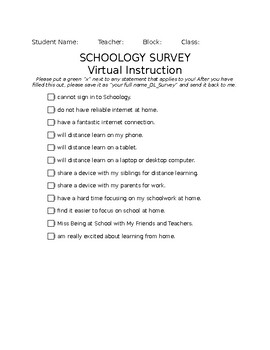 Preview of Fillable Schoology Questionnaire, Distance Learning, Getting to Know You