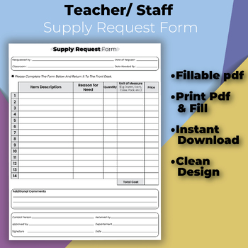 Preview of Fillable Teacher Supply Request Form Perfect for Daycare Providers, Preschools.