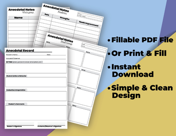 Preview of Fillable and Printable Anecdotal Record Notes & Student Observation Templates.