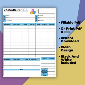 Preview of Fillable and Printable Daycare Invoice. Child Care fee Invoice Form, Receipt.