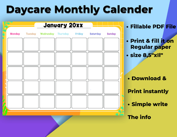 Preview of Fillable and Printable Daycare Monthly Calender, School Calendar, Classroom.