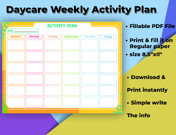 Preview of Fillable and Printable Daycare Weekly Activity Planner, For Daycares, Preschools
