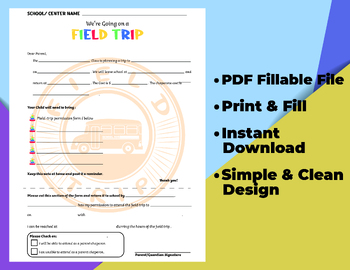 Preview of Fillable and Printable FIELD TRIP Permission.