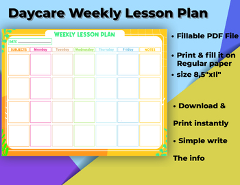 Preview of Fillable and Printable Weekly Lesson Plan, for Preschool, Daycare, Homeschool.
