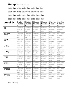 Preview of Fillable high frequency word recording chart-GR level D