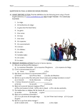Preview of Film questions for Frozen / La Reine des Neiges (French 1)