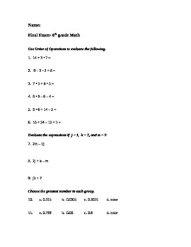 Preview of Final Exam- 6th grade Math