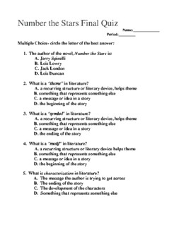 Final Quiz with Answer Key for the Novel, Number the Stars by Lois Lowry