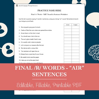 Preview of Final /R/ Words “AIR” Sentences Worksheet for Speech Therapy (Printable PDF)