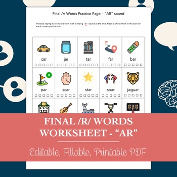 Preview of Final /R/ Words “AR” Sound Worksheet for Speech Therapy (Printable PDF)
