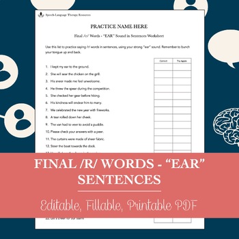 Preview of Final /R/ Words “EAR” Sentences Worksheet for Speech Therapy (Printable PDF)