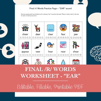 Preview of Final /R/ Words “EAR” Sound Worksheet for Speech Therapy (Printable PDF)