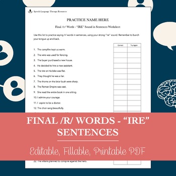 Preview of Final /R/ Words “IRE” Sentences Worksheet for Speech Therapy (Printable PDF)