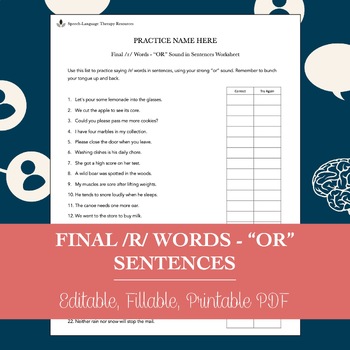 Preview of Final /R/ Words “OR” Sentences Worksheet for Speech Therapy (Printable PDF)