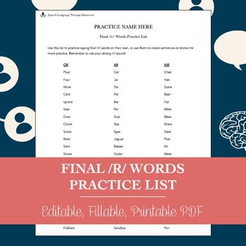Preview of Final /R/ Words Practice Worksheet for Speech Therapy (Printable PDF)