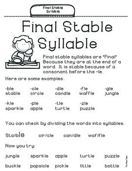 Final Stable Syllable Practice Pages for Syllable Consonant le Distance