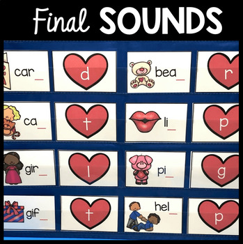 Preview of Final sounds Valentines Task Cards Phonics Kindergarten Literacy Center