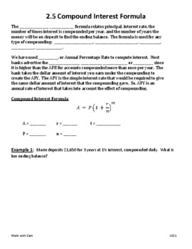 Preview of Financial Algebra 2-5 Compound Interest Formula Guided Notes