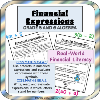 Preview of Financial Expressions: Gr 5 & 6 Algebra Expressions Brackets Financial Literacy