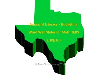 Preview of Financial Literacy - Budgets, Math TEKS 5.10E & F Vocab and Word Wall Cards