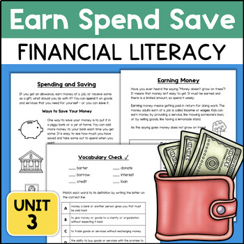 Preview of Financial Literacy 2nd 3rd Grade Earning Money Spending Saving Budget Worksheets