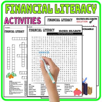 Preview of Financial Literacy Fun Worksheets, Puzzle,Wordsearch & Crosswords