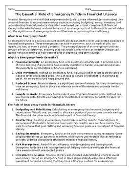 Preview of Financial Literacy: In Depth Look at Emergency Funds Worksheet Activity