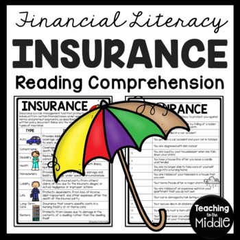 Preview of Financial Literacy Reading Comprehension Worksheet Types of Insurance