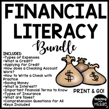 financial literacy reading comprehension worksheet bundle center activities