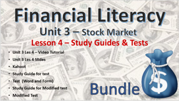 Preview of Financial Literacy Unit 3 – Stock Market – Les 4 Study Guides and tests