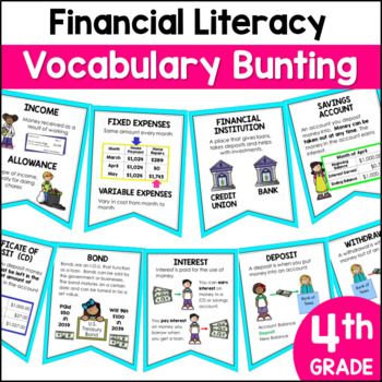 Preview of Financial Literacy Vocabulary Bunting for 4th Grade by Marvel Math