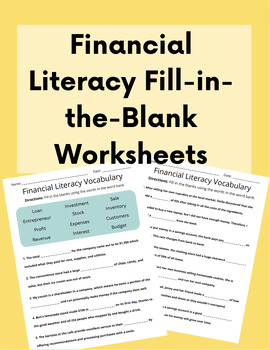 Preview of Financial Literacy Vocabulary Fill-in-the-blank Worksheets / No Prep