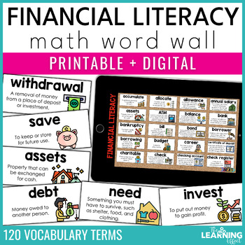 Preview of Financial Literacy Vocabulary Word Wall Printable Cards & Digital Google Slides