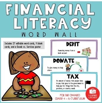 Preview of Ontario Math Financial Literacy Word Wall Cards | Editable | Digital and Print
