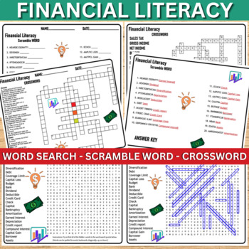 Preview of Financial Literacy Wordsearch , Crossword & Word Scramble Activity Worksheets