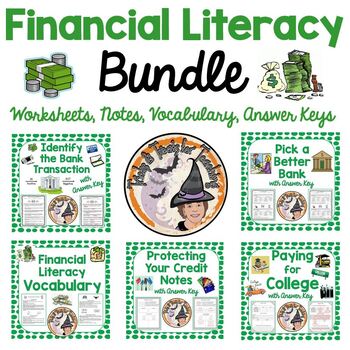 Preview of Financial Literacy Worksheets Notes Vocabulary Answer Keys BUNDLE
