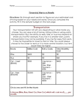 Preview of Financial Wants vs Needs Project