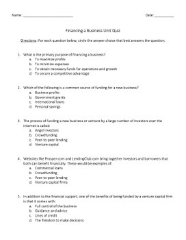 financing & business planning math quiz