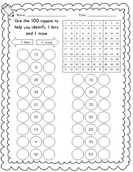 Preview of Y1 maths: number - Find 1 more and 1 less with 100 square