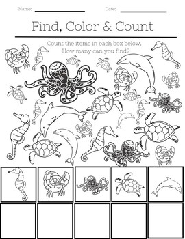 Preview of Find, Color & Count the Ocean Animals- Free Marine Life Counting Page
