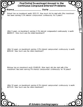 Find Initial Investment In Continueous Compound Interest Word Problems Worksheet